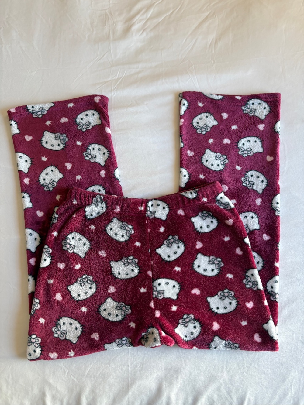 Hello Kitty Fleece Pajama Pants Burgundy Sanrio Lounge Kawaii Cozy Sleepwear